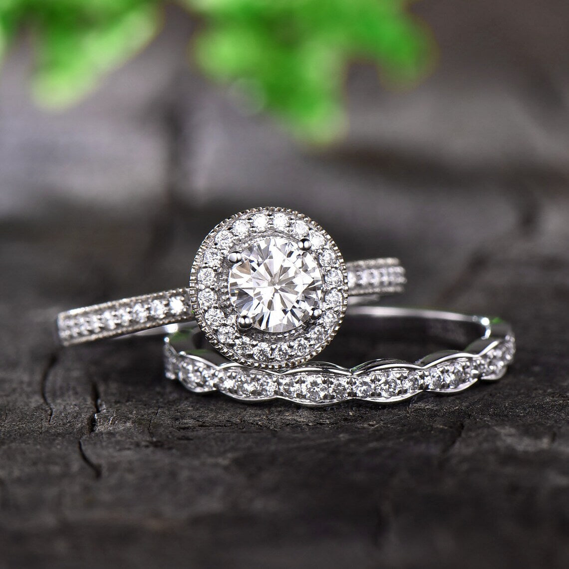 Moissanite Engagement Ring Art Deco Wedding Band Halo Ring 6.5mm Round Moissanite Ring Promise Ring 14K /18K White Gold