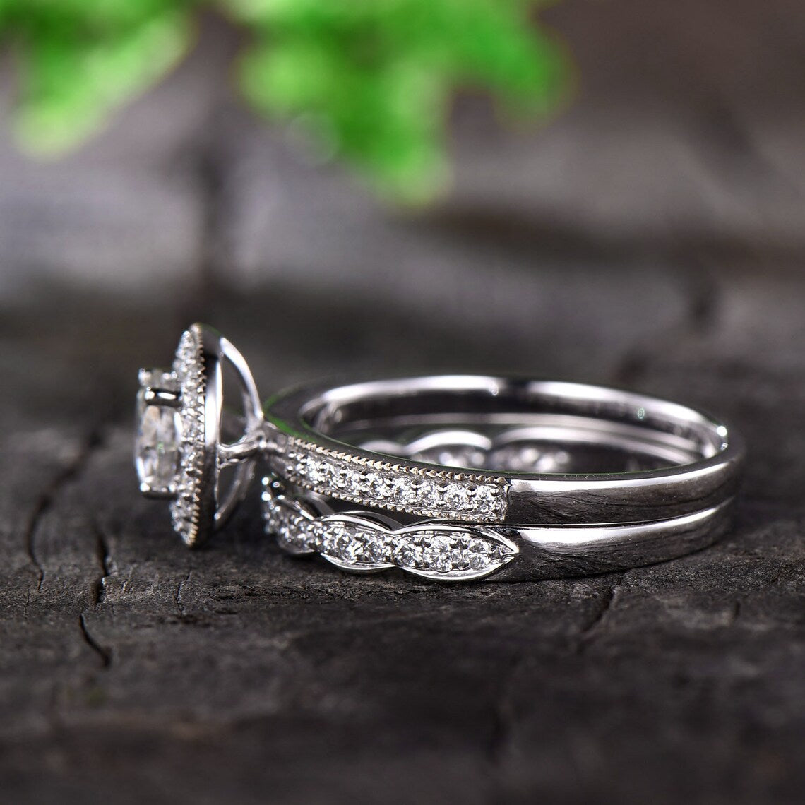 Moissanite Engagement Ring Art Deco Wedding Band Halo Ring 6.5mm Round Moissanite Ring Promise Ring 14K /18K White Gold