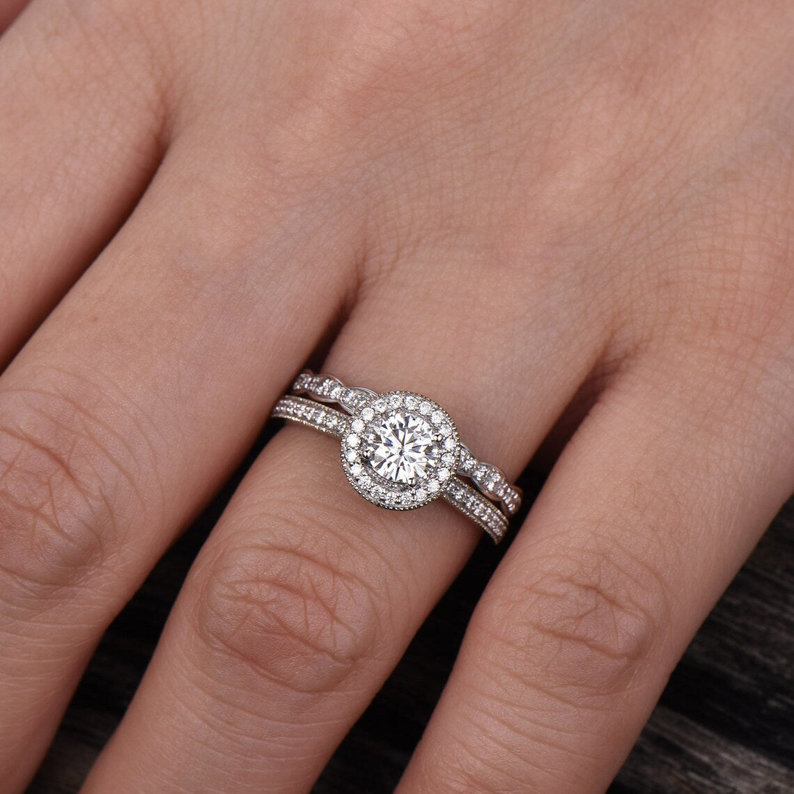 Moissanite Engagement Ring Art Deco Wedding Band Halo Ring 6.5mm Round Moissanite Ring Promise Ring 14K /18K White Gold