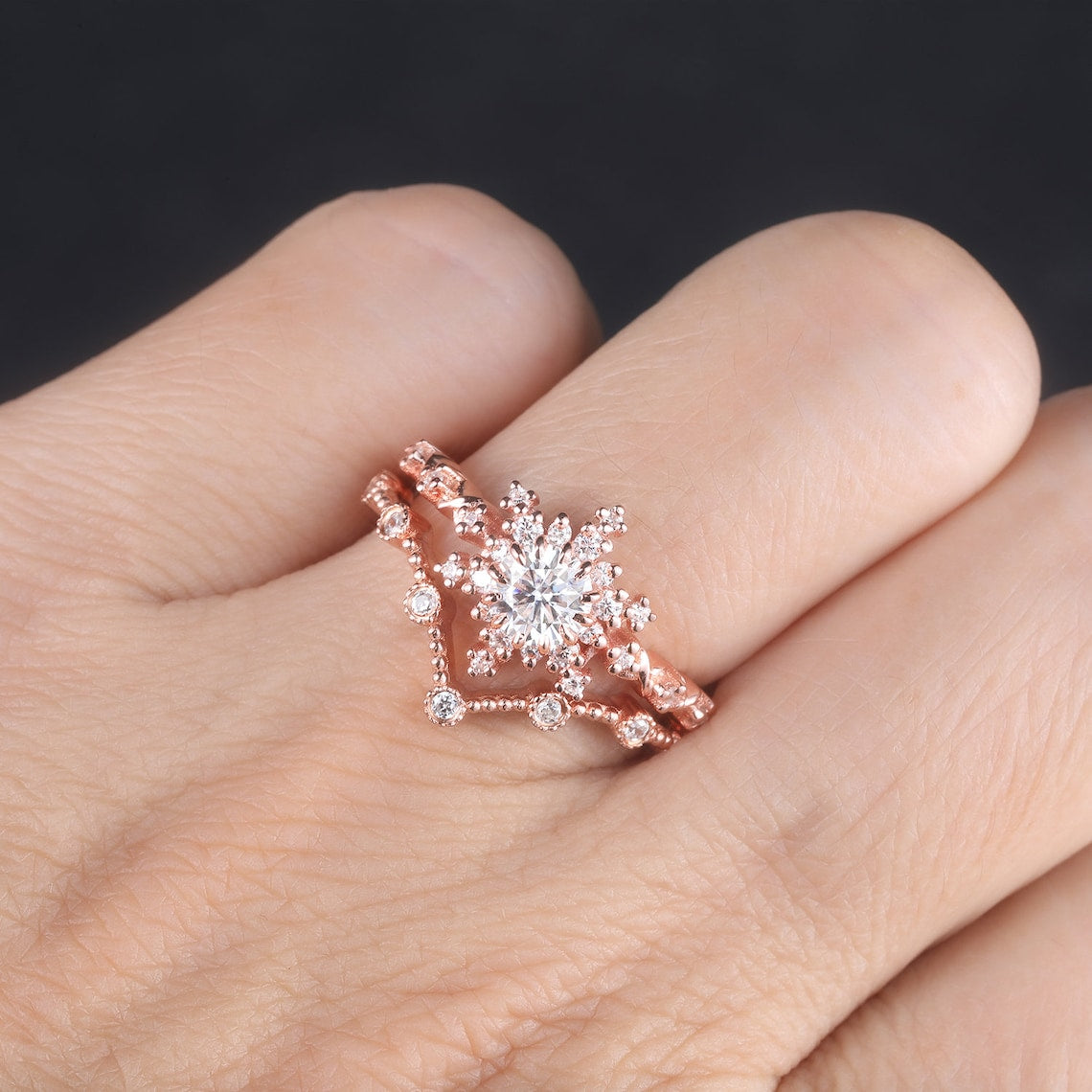 Antique Moissanite Engagement Ring Set, Curved Art Deco Wedding Ring, Round Cut Moissanite Engagement Ring, Promise Ring, Anniversary Ring