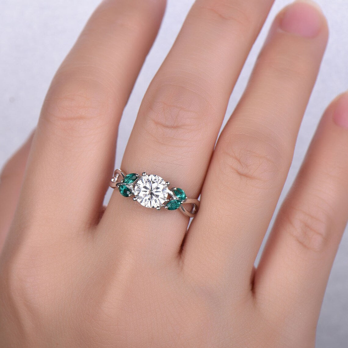 Moissanite Engagement Ring Round Cut 7mm Moissanite Ring Vintage Bridal Ring Infinity Wedding Band For Women Emerald Accent 14K White Gold