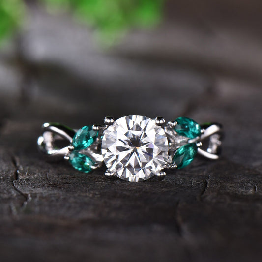 Moissanite Engagement Ring Round Cut 7mm Moissanite Ring Vintage Bridal Ring Infinity Wedding Band For Women Emerald Accent 14K White Gold