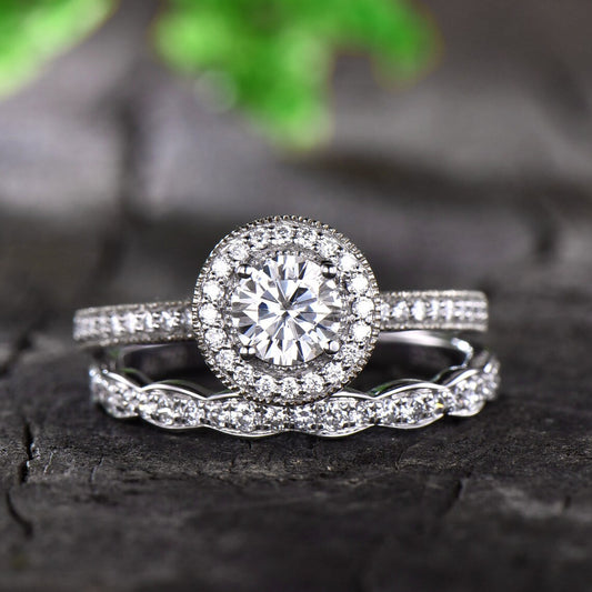 Moissanite Engagement Ring Art Deco Wedding Band Halo Ring 6.5mm Round Moissanite Ring Promise Ring 14K /18K White Gold