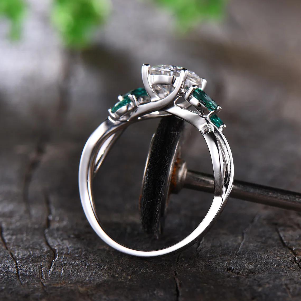 Moissanite Engagement Ring Round Cut 7mm Moissanite Ring Vintage Bridal Ring Infinity Wedding Band For Women Emerald Accent 14K White Gold