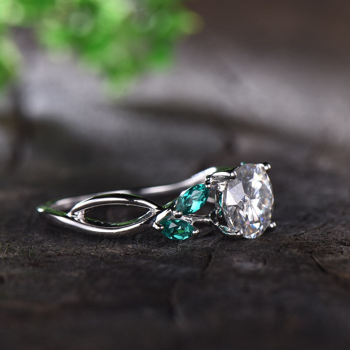 Moissanite Engagement Ring Round Cut 7mm Moissanite Ring Vintage Bridal Ring Infinity Wedding Band For Women Emerald Accent 14K White Gold
