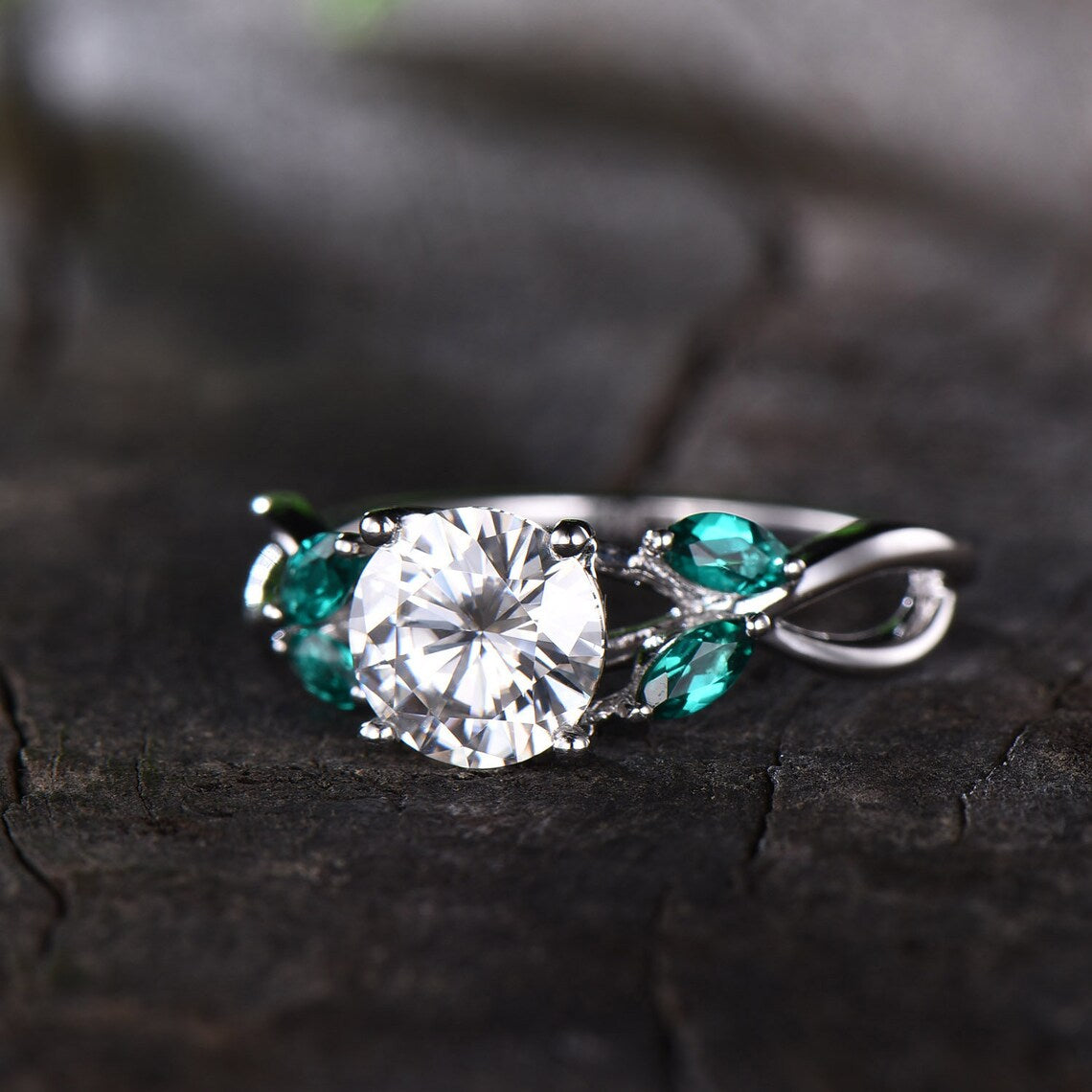 Moissanite Engagement Ring Round Cut 7mm Moissanite Ring Vintage Bridal Ring Infinity Wedding Band For Women Emerald Accent 14K White Gold