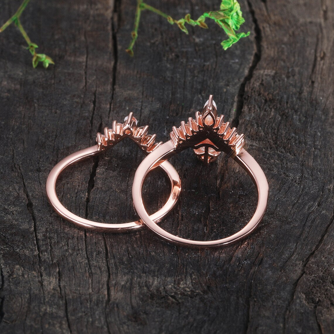 Vintage Moissanite Engagement Ring Set Rose Gold Pear Moissanite Bridal Set Curved Wedding Band Promise Anniversary Ring Antique